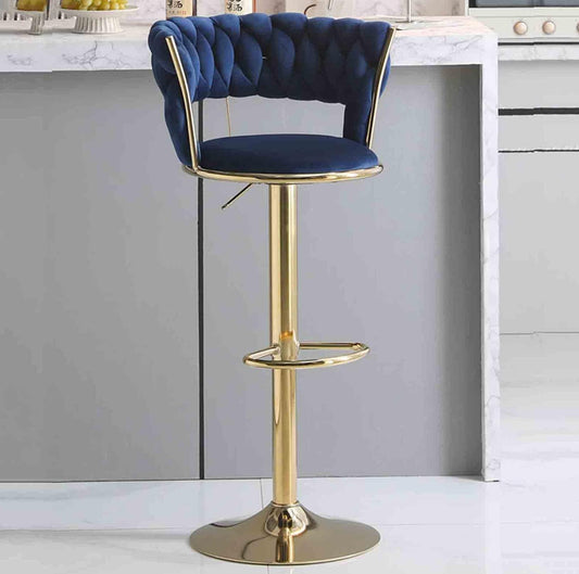 Taburete Glam Velvet Blue con con Respaldo y Reposapiés Gold