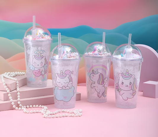 Vaso de Hidrogel Unicornio:  Doble Pared de 450 ml con Tapa y Popote