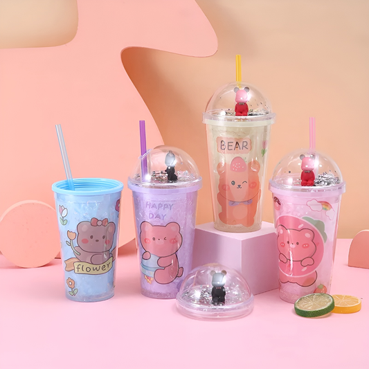 Vaso de Hidrogel Oso Kawaii:  Doble Pared de 450 ml con Tapa y Popote